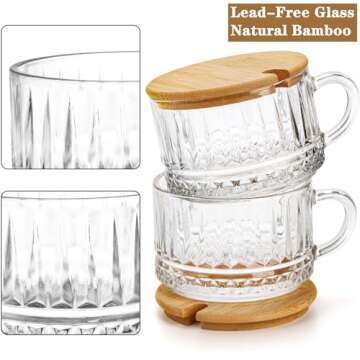 DEAYOU 4 Pack Vintage Glass Coffee Mug, 14 OZ Overnight Oats Containers with Lid and Spoon, Wide Mouth Clear Glass Tea Cup with Handle, Aesthetic Stripe Glassware for Cereal, Yogurt, Dessert, Beverage