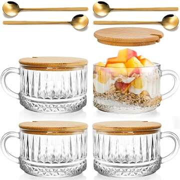 DEAYOU 4 Pack Vintage Glass Coffee Mug, 14 OZ Overnight Oats Containers with Lid and Spoon, Wide Mouth Clear Glass Tea Cup with Handle, Aesthetic Stripe Glassware for Cereal, Yogurt, Dessert, Beverage