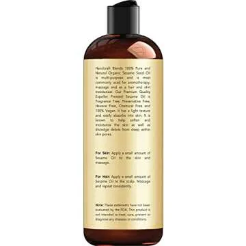 Handcraft Blends Organic Sesame Oil - 8 Fl Oz - 100% Pure and Natural - Premium Grade Carrier Oil for Skin and Hair - Hair and Body - Massage - Expeller-Pressed and Hexane-Free