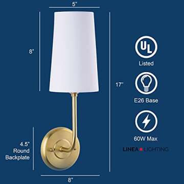 Linea di Liara Forma Gold Wall Sconce, White Fabric Shade, Antique Brass, UL Listed, Modern Wall Lighting, Bathroom Hallway Bedroom Wall Sconce, Up Light, Wallchiere Wall Lamp, 17x8x5 inches