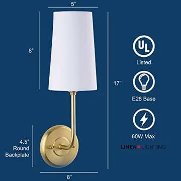 Linea di Liara Forma Gold Wall Sconce, White Fabric Shade, Antique Brass, UL Listed, Modern Wall Lighting, Bathroom Hallway Bedroom Wall Sconce, Up Light, Wallchiere Wall Lamp, 17x8x5 inches