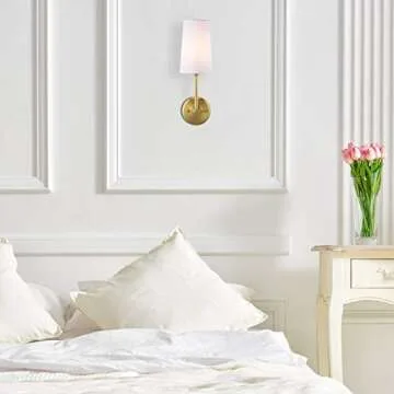 Linea di Liara Forma Gold Wall Sconce, White Fabric Shade, Antique Brass, UL Listed, Modern Wall Lighting, Bathroom Hallway Bedroom Wall Sconce, Up Light, Wallchiere Wall Lamp, 17x8x5 inches