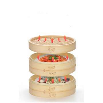 Florauspicious Bamboo Steamer Handmade Basket, Traditional 2-Tier Design - for Dumplings, Rice, Dim Sum, Vegetables, Fish and Meat - Incl. 2 Cotton Cloths (10-Inch)