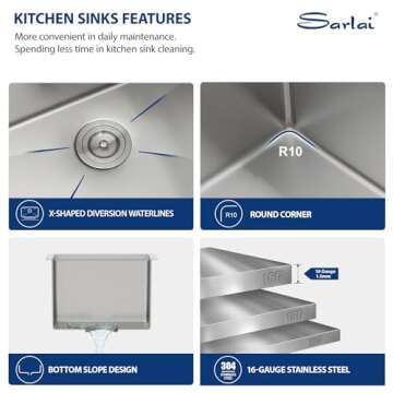 Sarlai 14 Bar Sink Undermount - 14 x 19 Inch Workstation Bar Prep Sink Undermount Single Bowl Tight Radius 16 Gauge Stainless Steel RV Sink Kitchen Sink Basin