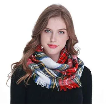 cckiise Winter Women Plaid Infinity Scarf,Fashion Tassel Soft Circle Loop Scarves for Women (red 1)