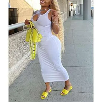 MOEENCN Sexy Bodycon Tank Dress for Women Summer Sleeveless Ribbed V Neck Basic Club Maxi Dresses Plus Size White XL