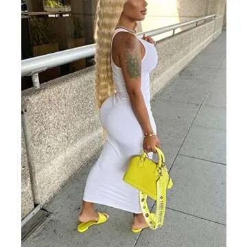 MOEENCN Sexy Bodycon Tank Dress for Women Summer Sleeveless Ribbed V Neck Basic Club Maxi Dresses Plus Size White XL