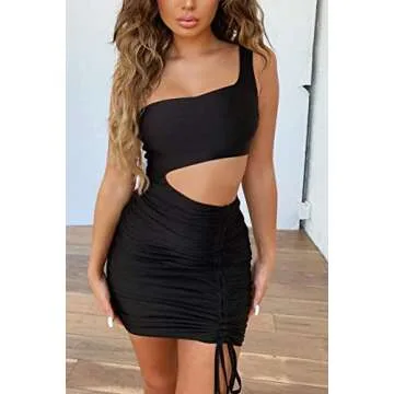 CHYRII Women's Sexy One Shoulder Sleeveless Cutout Ruched Bodycon Party Club Mini Dress Black-7015 Large