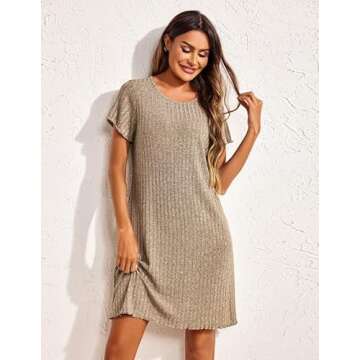 Ekouaer Women's Nightgown Short Sleeve Sleepshirt Rib Knit Soft Sleepwear Pajama Dress Khaki L