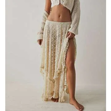 R.Vivimos Women Lace Long Skirts Summer Elastic Asymmetrical Layered Hem Sexy See-Through Beach Flor...