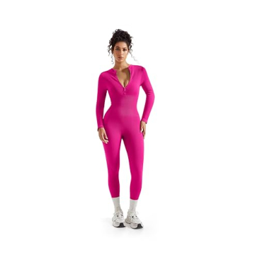 SUUKSESS Women Long Sleeve Ribbed Jumpsuit Sexy Zip up Front Workout One Piece Bodycon Jumpsuit Romper (Hot Pink, M)