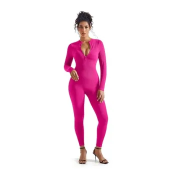 SUUKSESS Women Long Sleeve Ribbed Jumpsuit Sexy Zip up Front Workout One Piece Bodycon Jumpsuit Romper (Hot Pink, M)