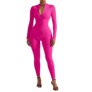 SUUKSESS Women Long Sleeve Ribbed Jumpsuit Sexy Zip up Front Workout One Piece Bodycon Jumpsuit Romper (Hot Pink, M)