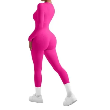 SUUKSESS Women Long Sleeve Ribbed Jumpsuit Sexy Zip up Front Workout One Piece Bodycon Jumpsuit Romper (Hot Pink, M)