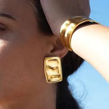 OWNCOOL Chunky Gold Rectangle Stud Earrings for Women Statement Earrings Minimalist Earrings Trendy Big Earrings Fashion Jewelry Gift