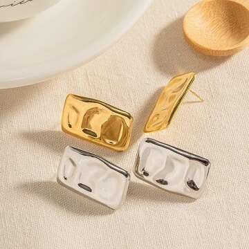 OWNCOOL Chunky Gold Rectangle Stud Earrings for Women Statement Earrings Minimalist Earrings Trendy Big Earrings Fashion Jewelry Gift