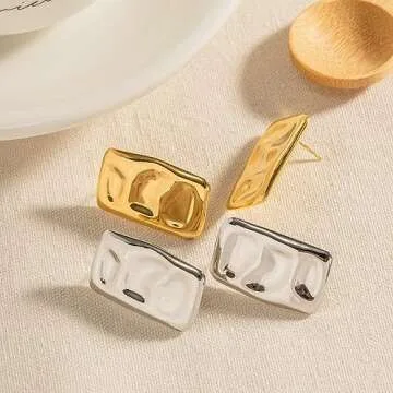 OWNCOOL Chunky Gold Rectangle Stud Earrings for Women Statement Earrings Minimalist Earrings Trendy Big Earrings Fashion Jewelry Gift