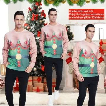uideazone Unisex 3D Ugly Christmas Sweater Elf Boobs Printed Funny X-mas Party Graphic Sweatshirts Pullover for Men Women