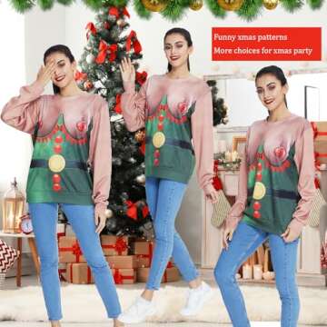 uideazone Unisex 3D Ugly Christmas Sweater Elf Boobs Printed Funny X-mas Party Graphic Sweatshirts Pullover for Men Women