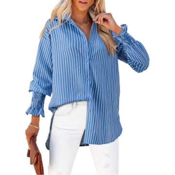 Gleeivy Women's Puff Long Sleeve Button Down Striped Shirt Casual Oversized Boyfriend Tunic V Neck C...