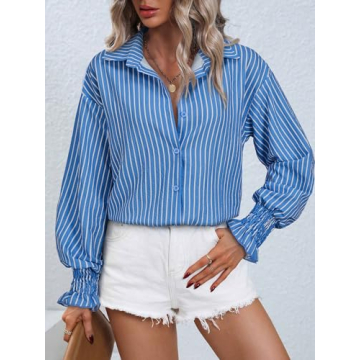 Gleeivy Women's Puff Long Sleeve Button Down Striped Shirt Casual Oversized Boyfriend Tunic V Neck Collar High Low Hem Dressy Business Fashion Clothes for Fall Y2K Outfits Blue Striped X-Small