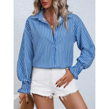 Gleeivy Women's Puff Long Sleeve Button Down Striped Shirt Casual Oversized Boyfriend Tunic V Neck Collar High Low Hem Dressy Business Fashion Clothes for Fall Y2K Outfits Blue Striped X-Small