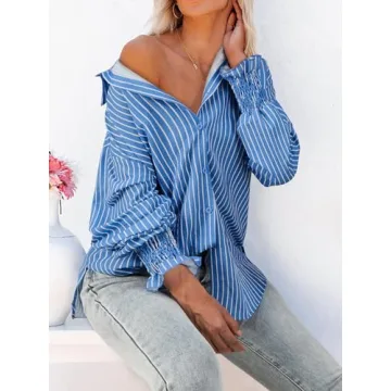 Gleeivy Women's Puff Long Sleeve Button Down Striped Shirt Casual Oversized Boyfriend Tunic V Neck Collar High Low Hem Dressy Business Fashion Clothes for Fall Y2K Outfits Blue Striped X-Small