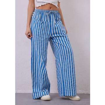 MISSACTIVER Women Drawstring Striped Pants - Comfy Wide Leg Trousers with Pockets