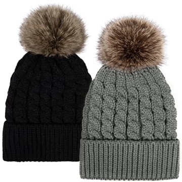 Simplicity Womens Beanie for Winter Unisex Winter Hand Knit Faux Fur Pompoms Beanie 2 Pieces Black/G...
