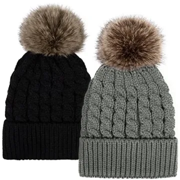 Simplicity Womens Beanie for Winter Unisex Winter Hand Knit Faux Fur Pompoms Beanie 2 Pieces Black/G...