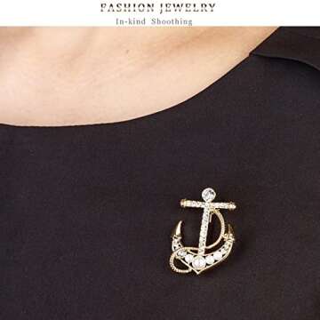 Pearl Boat Anchor Brooch, Premium Fashionable Temperament Imitation Decoration Pins,Rhinestone Cross Anchor Corsage,Clothing and Accessories Crystal Ornaments (Gold)