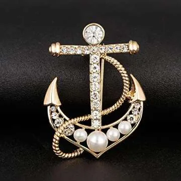 Pearl Boat Anchor Brooch, Premium Fashionable Temperament Imitation Decoration Pins,Rhinestone Cross Anchor Corsage,Clothing and Accessories Crystal Ornaments (Gold)