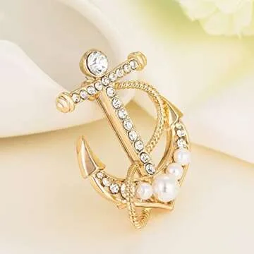 Pearl Boat Anchor Brooch, Premium Fashionable Temperament Imitation Decoration Pins,Rhinestone Cross Anchor Corsage,Clothing and Accessories Crystal Ornaments (Gold)