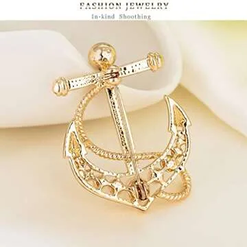 Pearl Boat Anchor Brooch, Premium Fashionable Temperament Imitation Decoration Pins,Rhinestone Cross Anchor Corsage,Clothing and Accessories Crystal Ornaments (Gold)