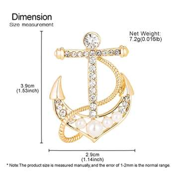 Pearl Boat Anchor Brooch, Premium Fashionable Temperament Imitation Decoration Pins,Rhinestone Cross Anchor Corsage,Clothing and Accessories Crystal Ornaments (Gold)