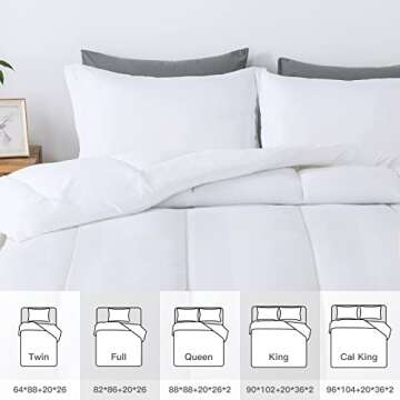 HYLEORY 3pc Comforter Set King Size with 2 Pillow Shams - Cooling Down Alternative Bed Comforters Duvet Insert for All Season - Lightweight - Machine Washable - White