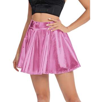 Urban CoCo Women's Shiny Flared Pleated Mini Skater Skirt (XL, Pink)