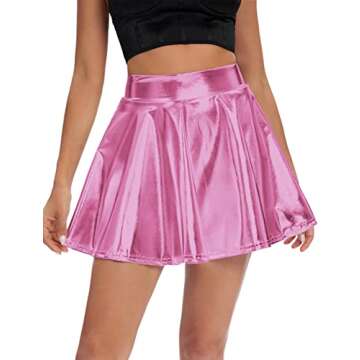 Urban CoCo Women's Shiny Flared Pleated Mini Skater Skirt (XL, Pink)