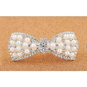 BeeSpring Silver Korean Style Crystal Rhinestone Hair Barrettes Butterfly Pearls Hair Clips Pins for Women (1Pcs)
