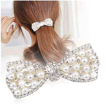 BeeSpring Silver Korean Style Crystal Rhinestone Hair Barrettes Butterfly Pearls Hair Clips Pins for Women (1Pcs)