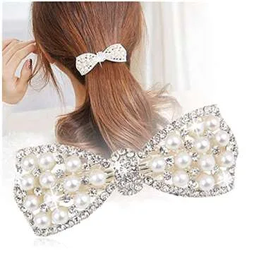 BeeSpring Silver Korean Style Crystal Rhinestone Hair Barrettes Butterfly Pearls Hair Clips Pins for Women (1Pcs)