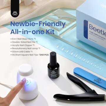 Beetles Gel Nail Kit Easy Nail Extension Set 240Pcs Pre shaped Short Square Gel Nail Tips with 5 in 1 Mutipurpose Glue Gel Base Uv Led Nail Lamp for Nail Art Diy Home