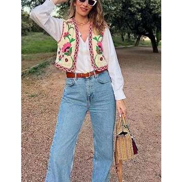 Yimoon Women's Vintage Floral Embroidered Vest Boho Casual Open Front Sleeveless Cardigan Waistcoat