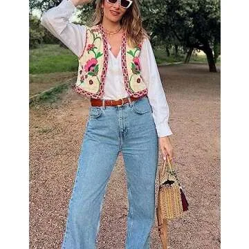 Yimoon Women's Vintage Floral Embroidered Vest Boho Casual Open Front Sleeveless Cardigan Waistcoat