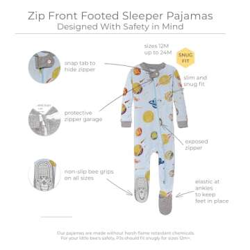 Burt's Bees Baby Boys Pajamas, Zip-front Non-slip Footed Pjs, Organic Cotton, Little Planets 2-pk, 1...