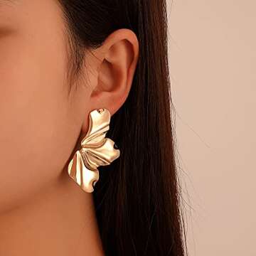 YOOSMATIC Gold Flower Earrings Gold Statement Earrings 14K Gold Plated Flower Dangle Drop Earrings Sparkling Dainty Earrings Exaggerated Statement Earrings for Women Punk