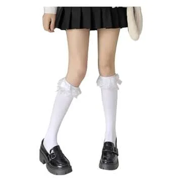 CAT KO Women Soft Knee High Socks Lovely Cute Solid color Lace Ruffle Bow Girls Socks for Lolita(White)