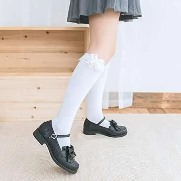 CAT KO Women Soft Knee High Socks Lovely Cute Solid color Lace Ruffle Bow Girls Socks for Lolita(White)