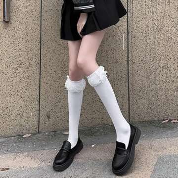 CAT KO Women Soft Knee High Socks Lovely Cute Solid color Lace Ruffle Bow Girls Socks for Lolita(White)
