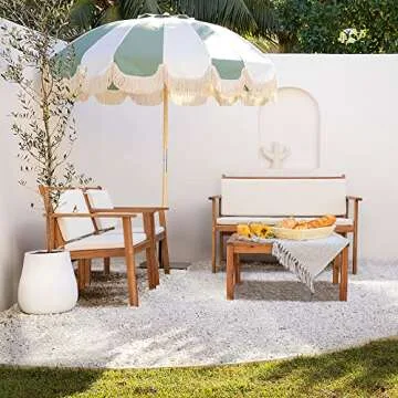 Devoko Patio Furniture 4 Piece Acacia Wood Outdoor Conversation Sofa Set with Table & Cushions Porch Chairs for Garden, Deck, Backyard, Beige